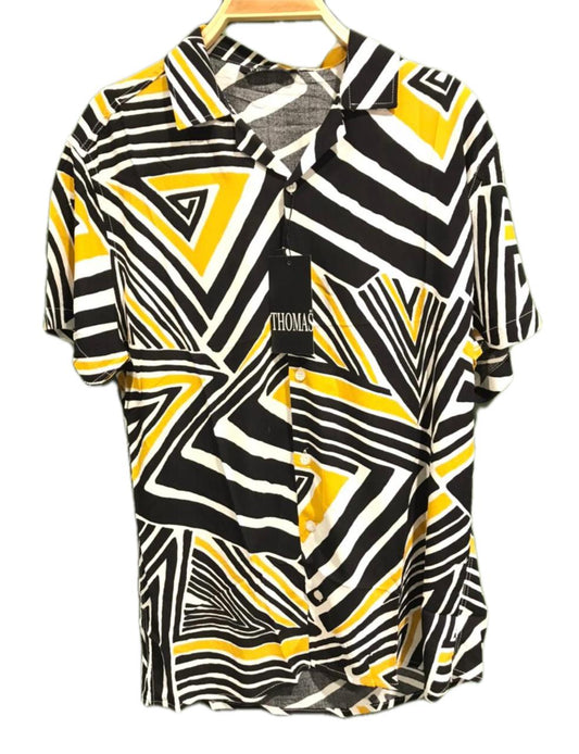 Men’s Shirt Short Sleeves Printed Yellow Black White Summer Beach