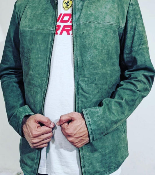 Men's Pure Leather Jacket - Lightweight Full Zip Track Jacket in Green Color